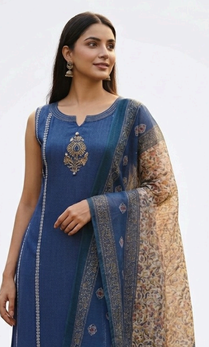 Mandira – Blue Hand Block Printed Kalidar Kurta Set with Kalamkari Dupatta