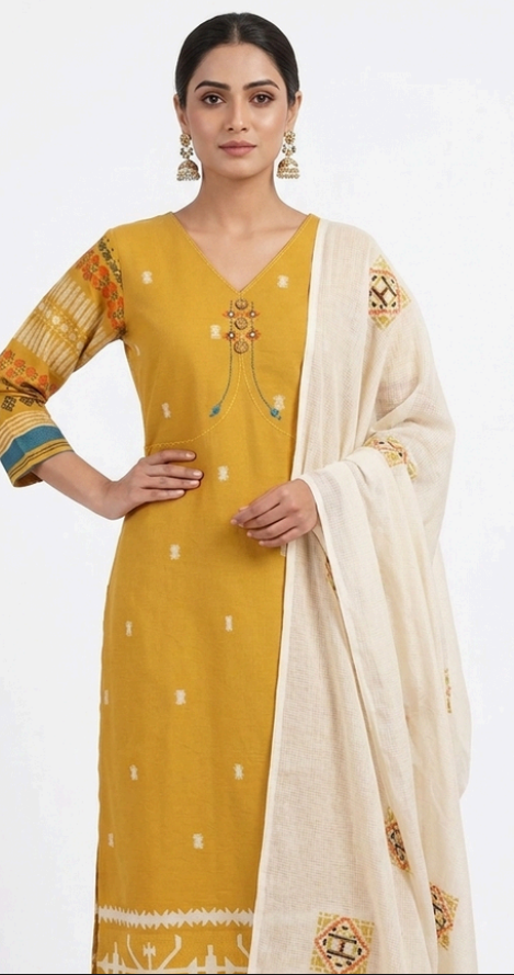MANDIRA – Mustard Yellow Handloom Ikat Kurta Set with Kota Dori Dupatta