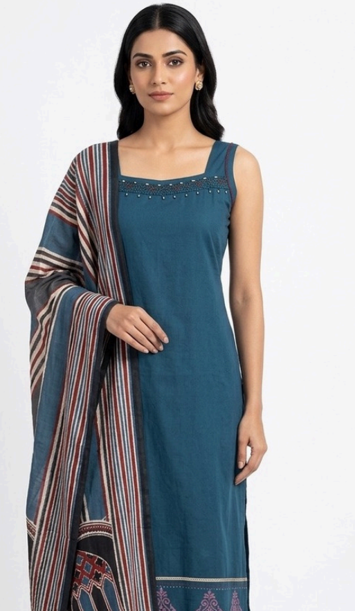 Mandira – Teal Blue Dabu Cotton Kurta Set with Ajrakh-Inspired Mul Dupatta