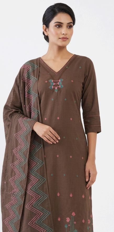 Mandira – Brown Handloom Kurta Set with Trousers and Dupatta