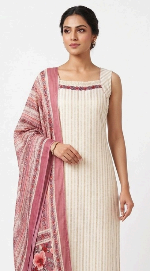 MANDIRA – Ivory Striped Linen Kurta Set with Printed Mul Cotton Dupatta