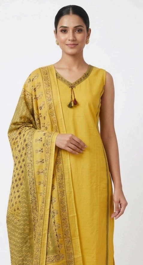 Mandira – Mustard Yellow Dabu Cotton Kurta Set with Printed Mul Cotton Dupatta