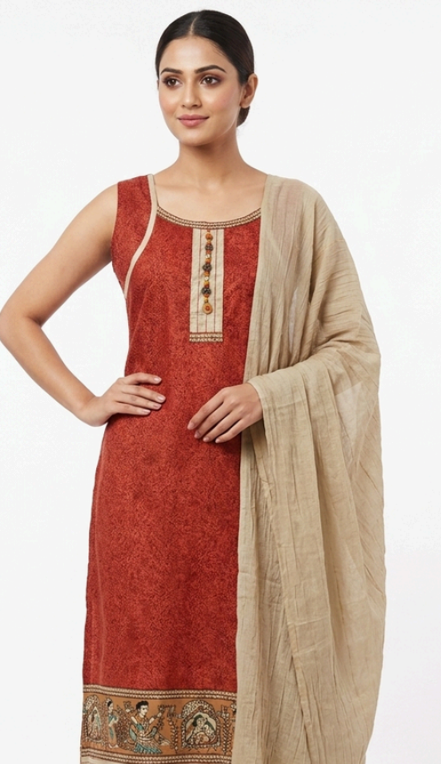 Mandira – Rust Red Madhubani Printed Cotton Kurta Set with Mal Cotton Dupatta