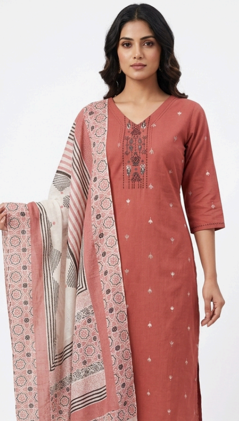 MANDIRA – Dusty Rose Handloom Kurta Set with Bhagalpuri Kota Dupatta
