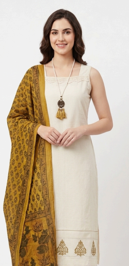 MANDIRA – Ivory Beige Cotton Blend Kurta Set with Mustard Mal Cotton Dupatta