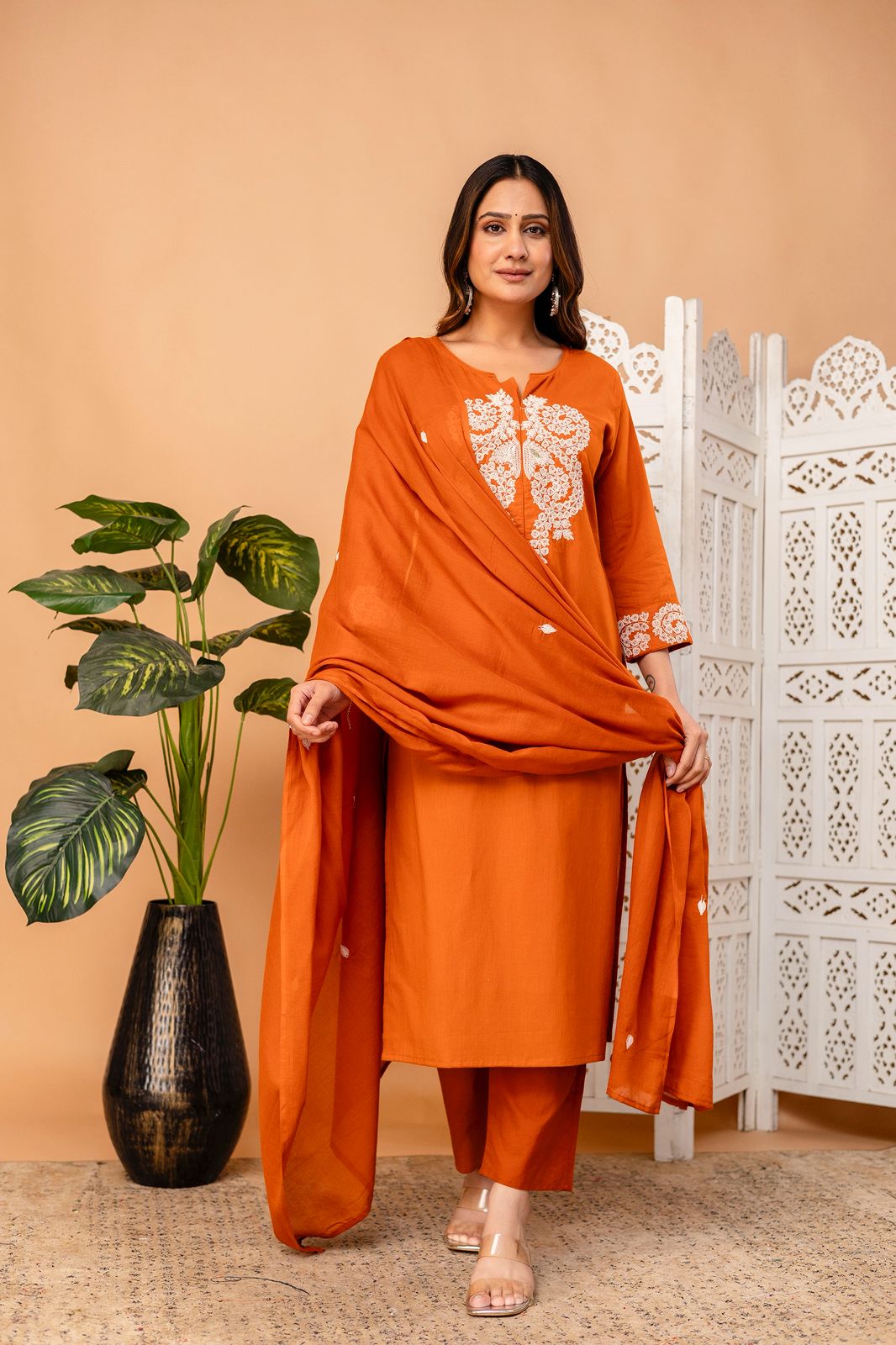 Cotton Embroidered Set – Rust Orange