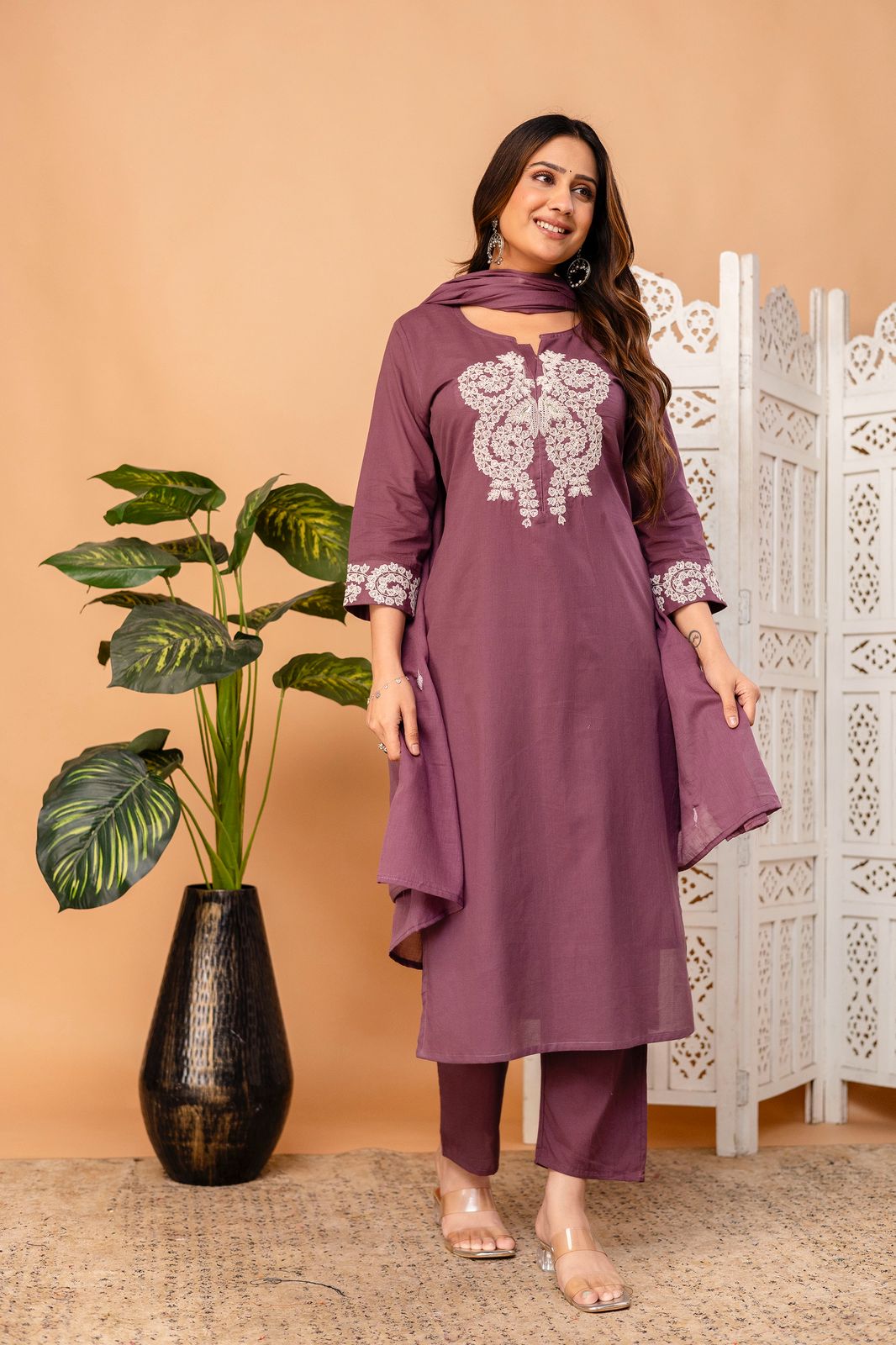 Cotton Embroidered Set – Mauve Purple