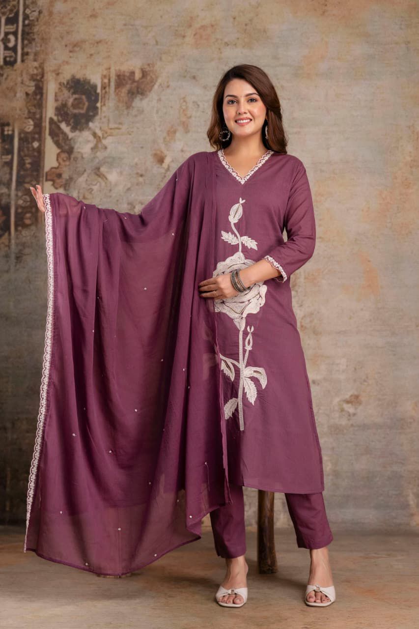 Cotton Embroidered Set – Wine Plum
