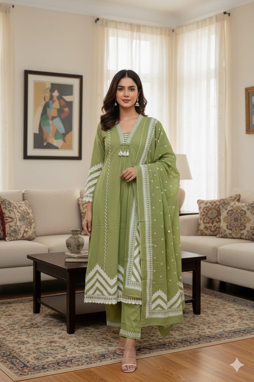 Festival Special: Mehndi Green Printed Suit Set