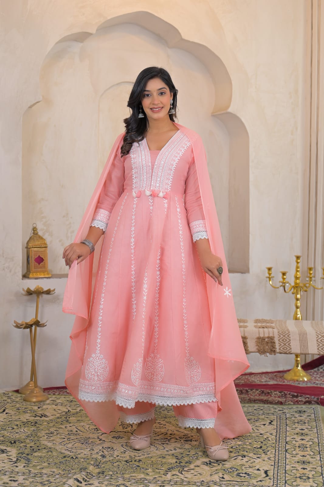 V Neck Embroidery Ghera Suit Set with Dupatta & Pant