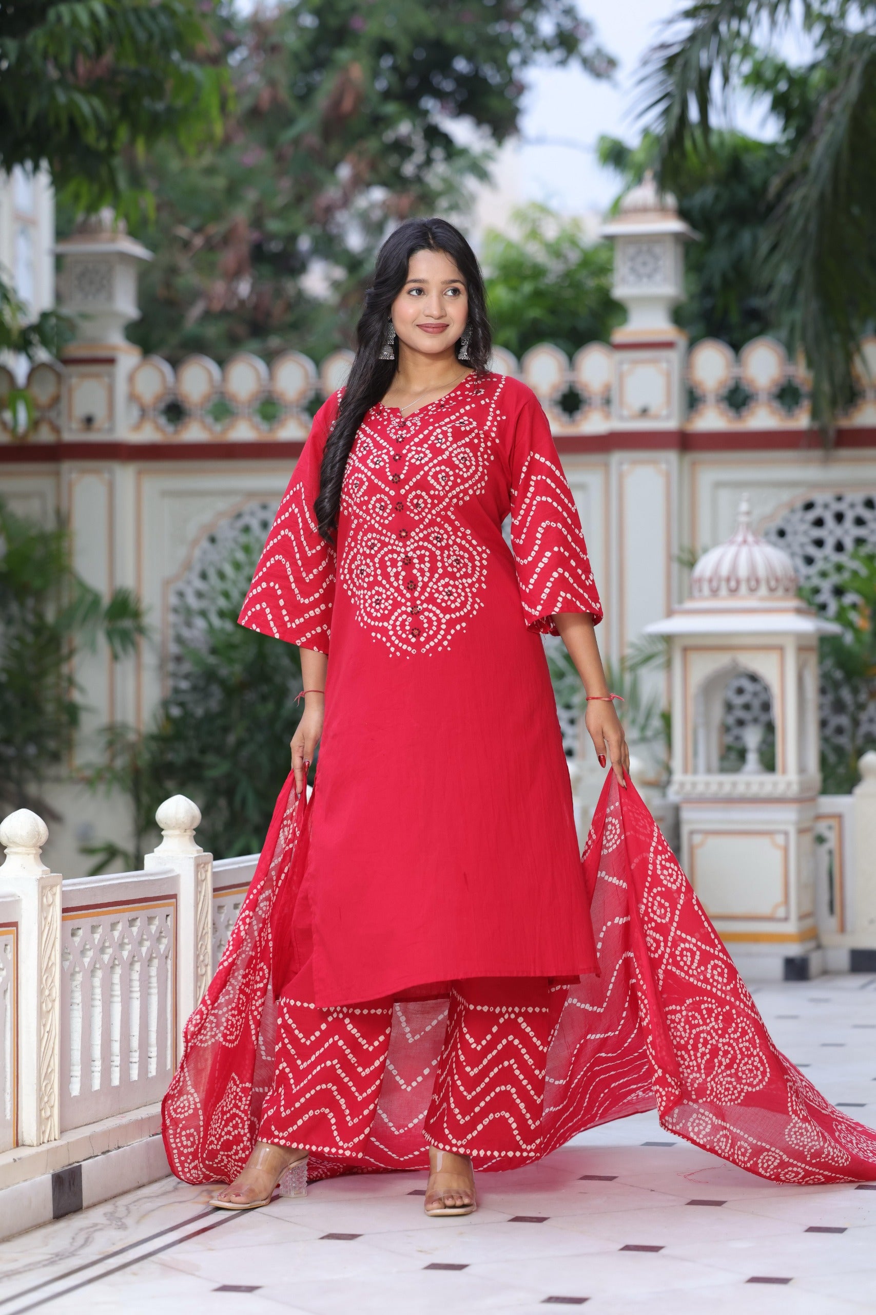 Bandhani Discharge Printed Suit Set with Dupatta & Pant