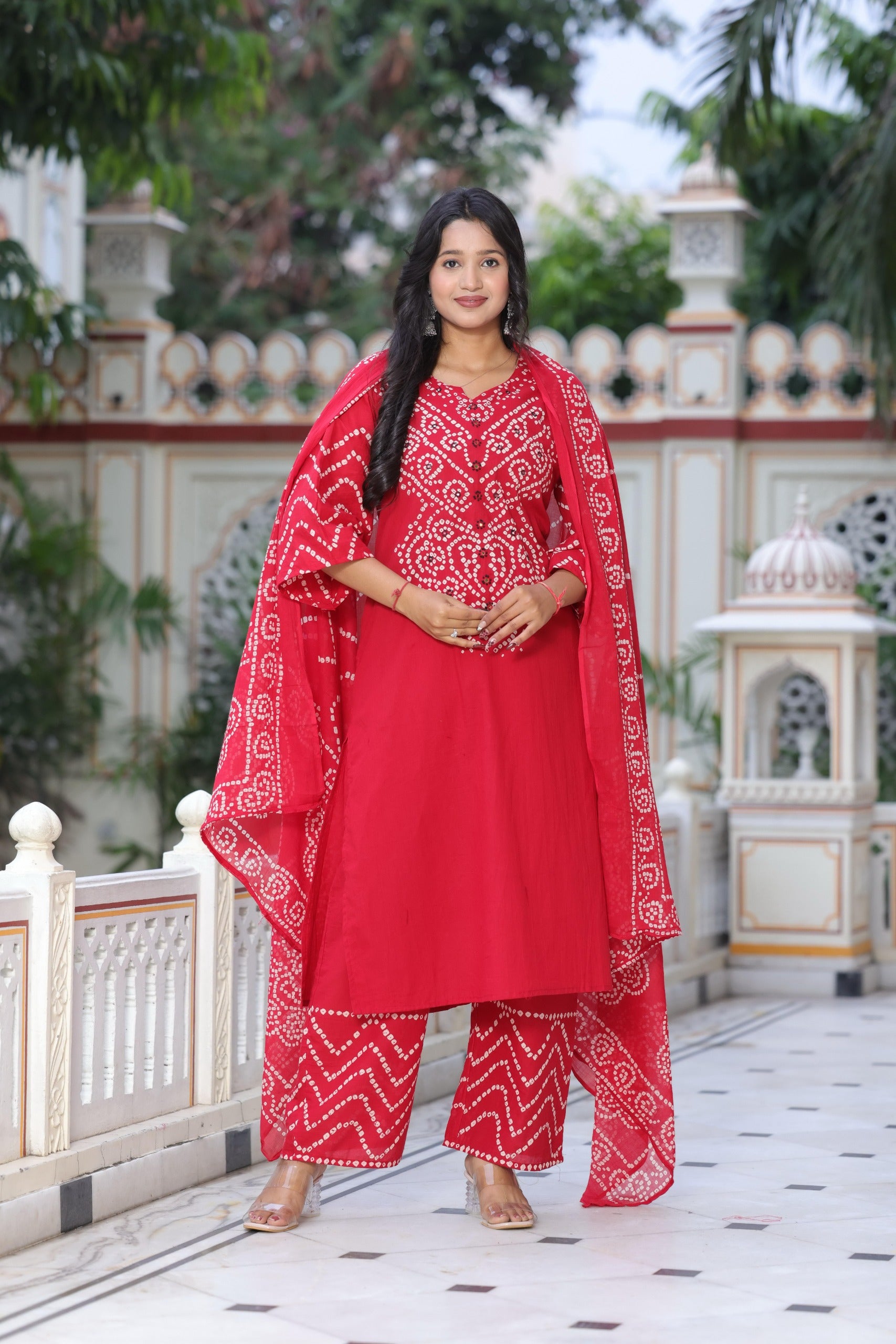 Bandhani Discharge Printed Suit Set with Dupatta & Pant