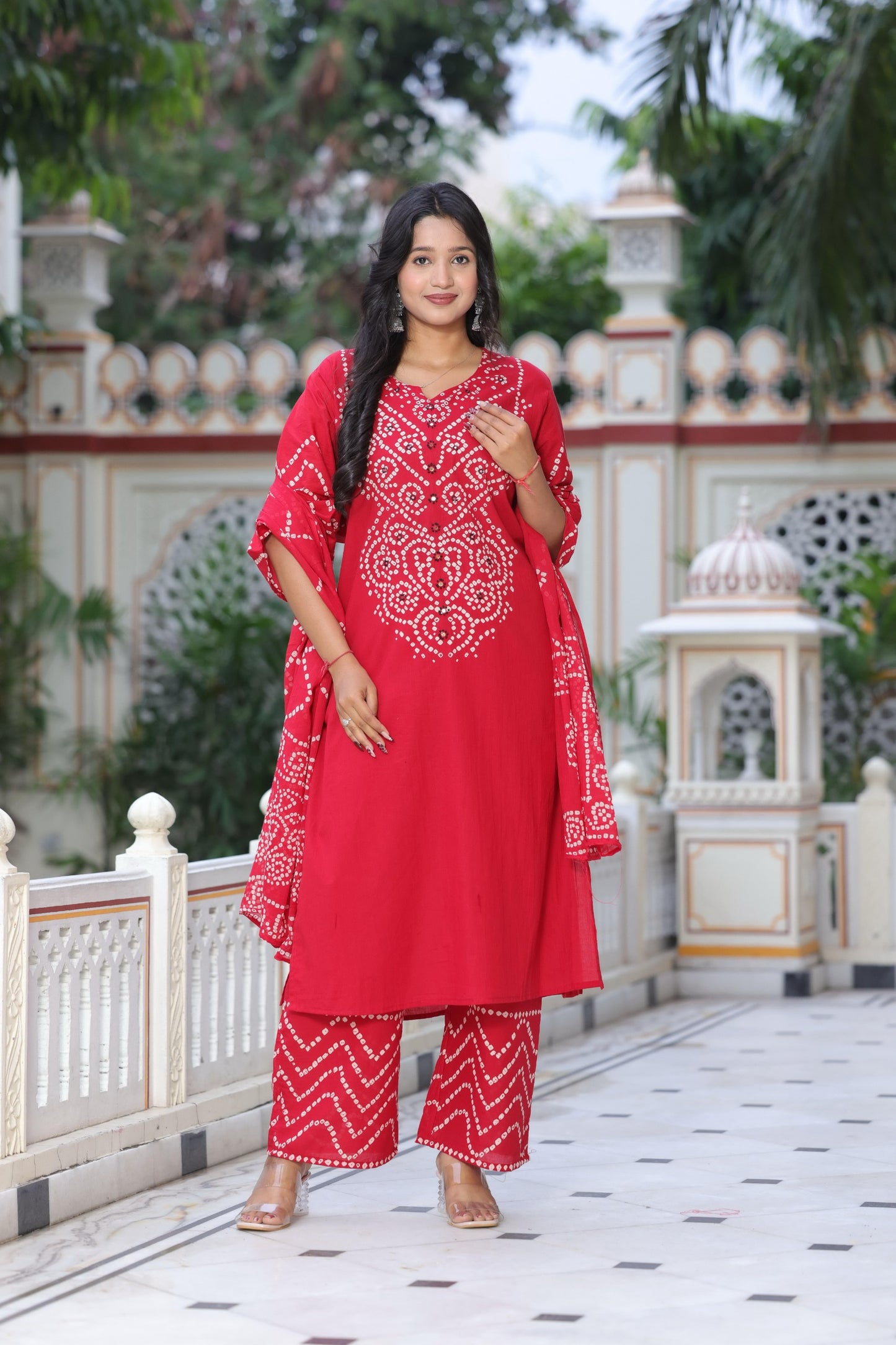 Bandhani Discharge Printed Suit Set with Dupatta & Pant