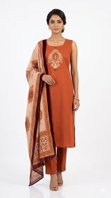 Mandira – Rust Orange Straight Kurta Set with Trousers and Dupatta