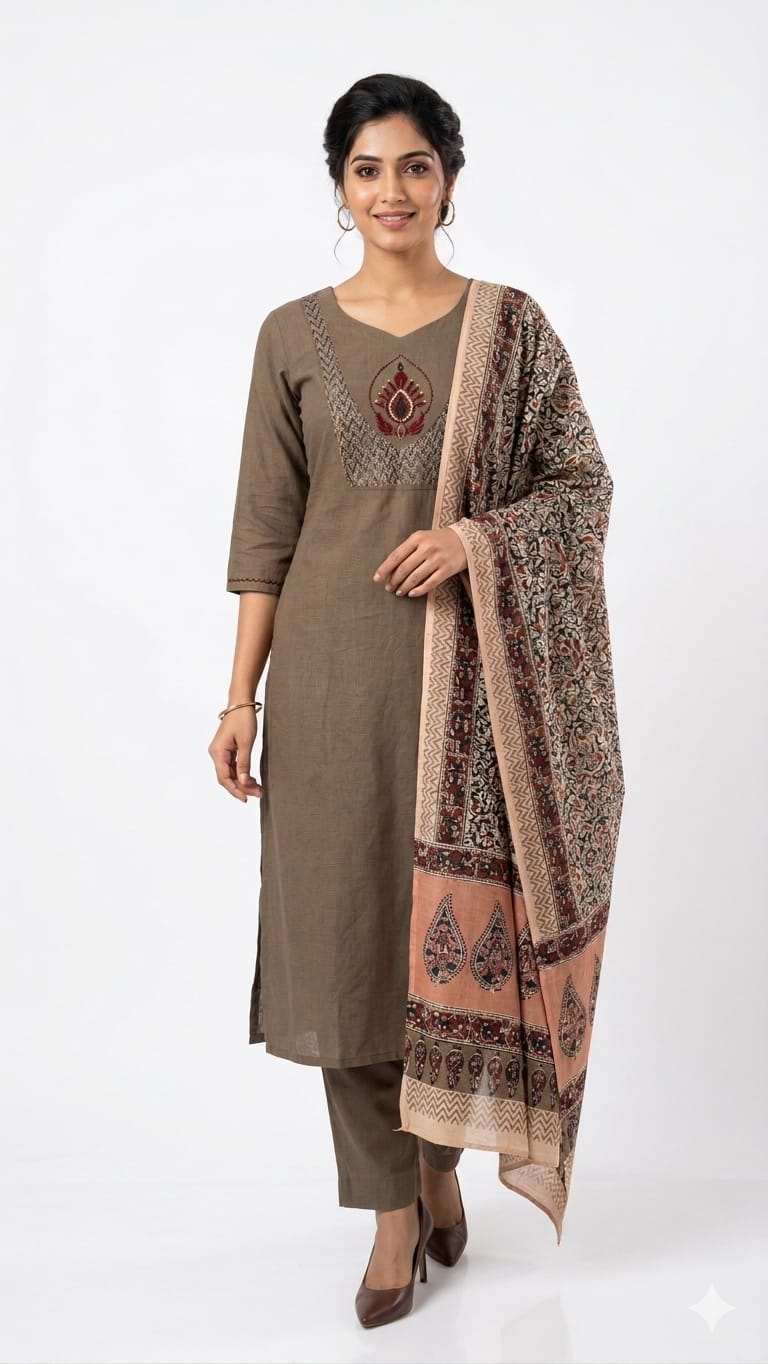 Mandira Mocha Brown Cotton Dabu Kurta Set with Kalamkari Dupatta