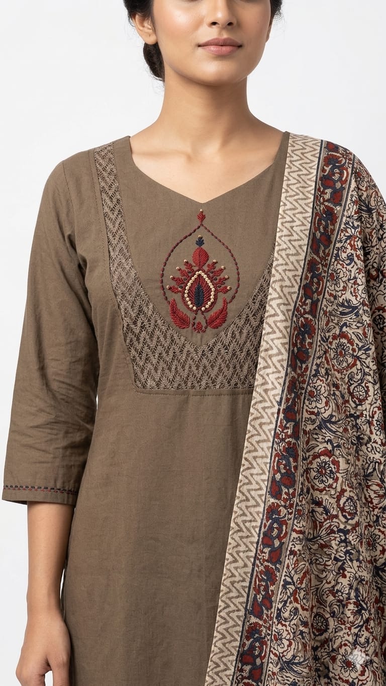 Mandira Mocha Brown Cotton Dabu Kurta Set with Kalamkari Dupatta