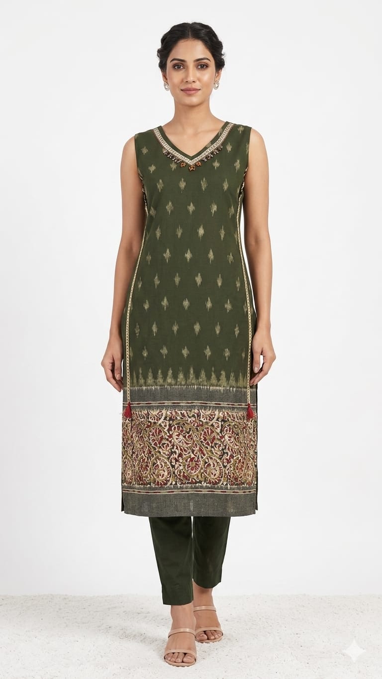 Mandira Olive Green Ikat Kurta Set with Straight Pants & Dupatta